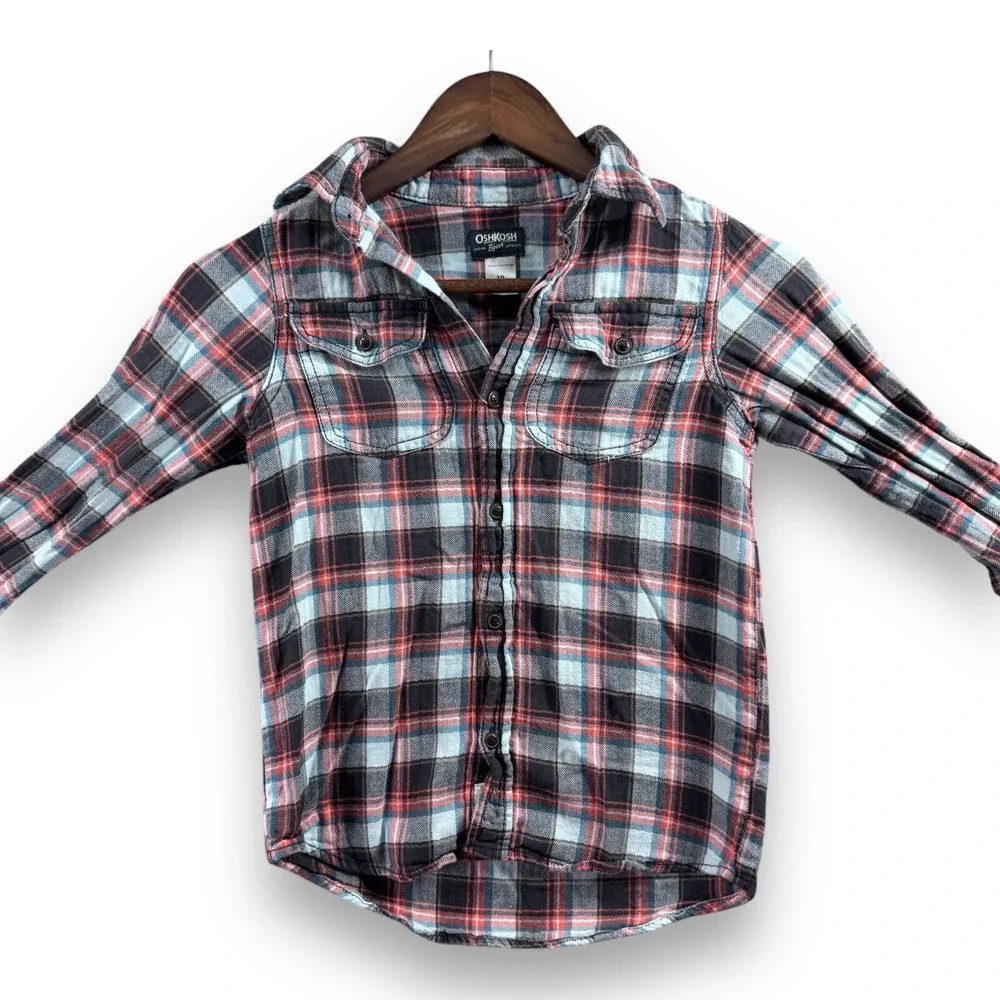 OshKosh Bgosh Boys Flannel Button Up Shirt Size 10 Orange White Plaid Holiday